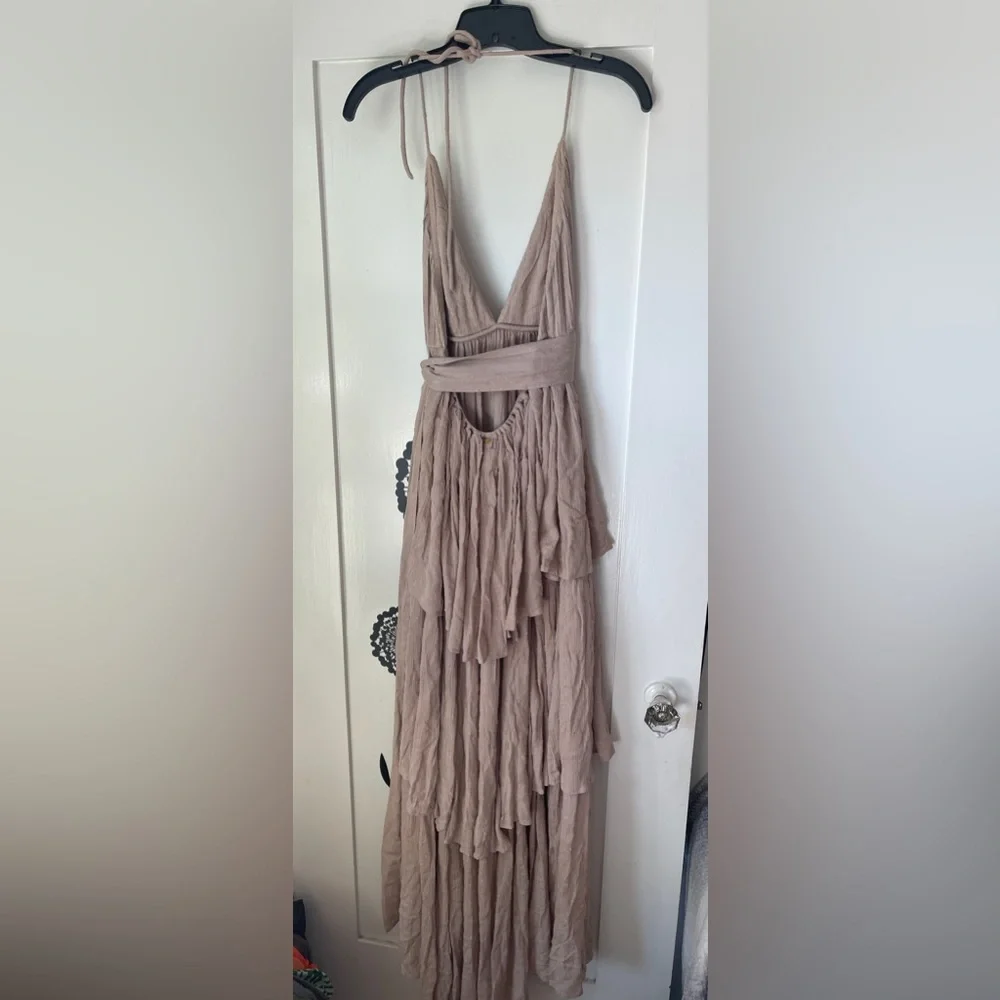 PQ Swim Kristine Tiered Maxi Dress Taupe Neutral Color Gold Thread Swiss Dot NWT - Picture 5 of 8
